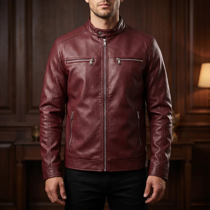 Burgundy leather jacket in a dark wood interior
