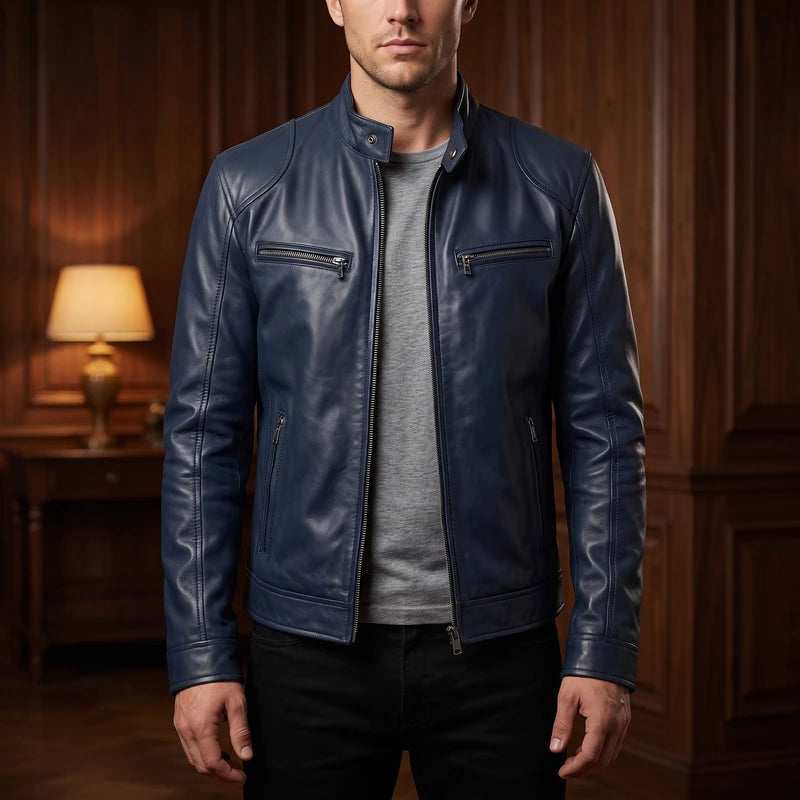 Navy Blue leather jacket in a dark wood interior