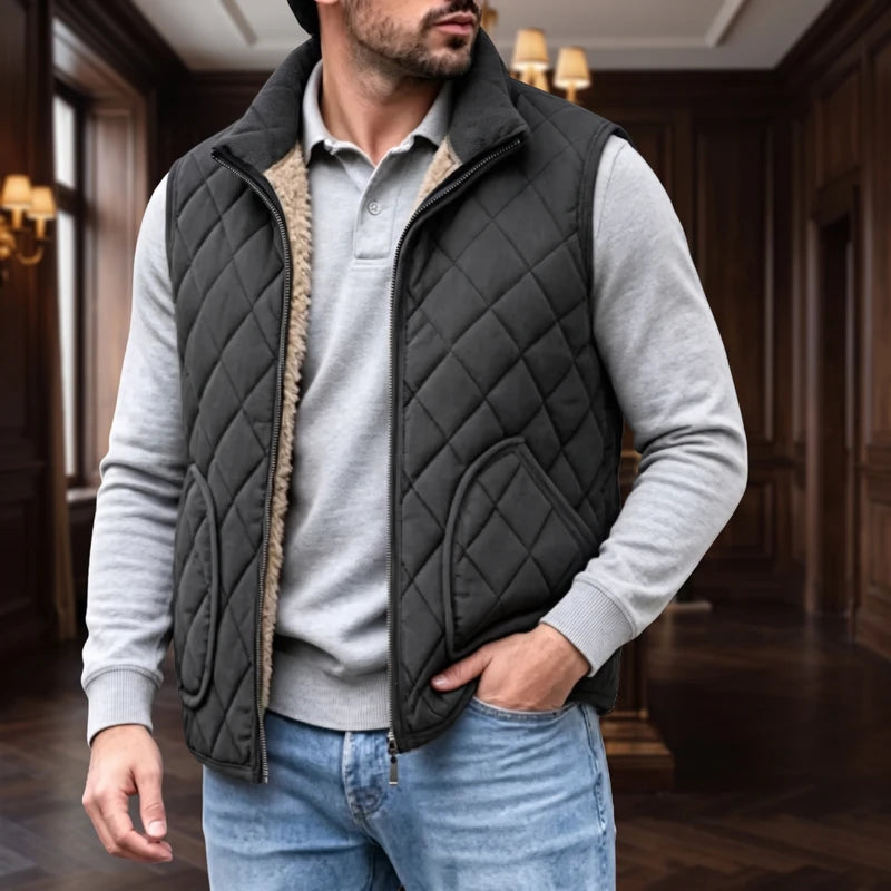 Black Vest fleece jacket in a dark wood interior