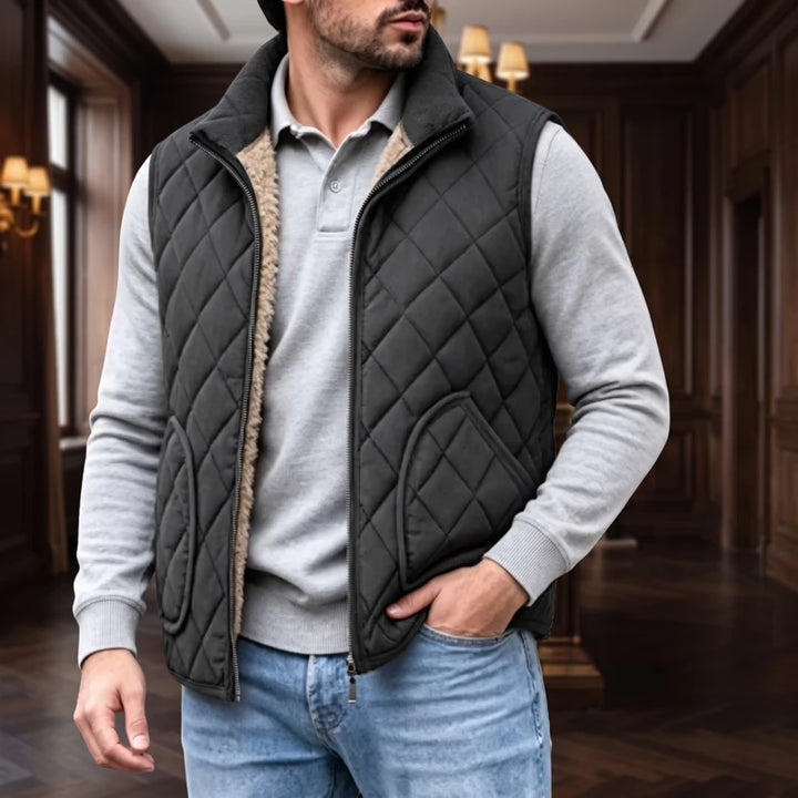 Black Vest fleece jacket in a dark wood interior