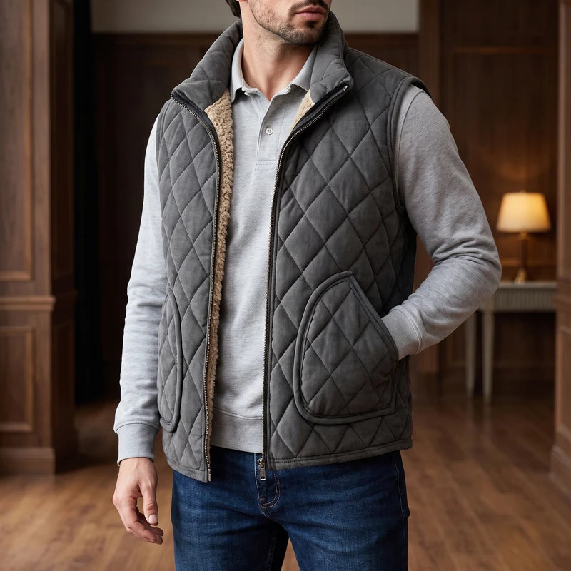 Grey Vest fleece jacket in a dark wood interior