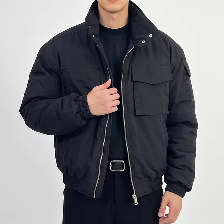 Black cotton jacket on an off-gray studio background - 2