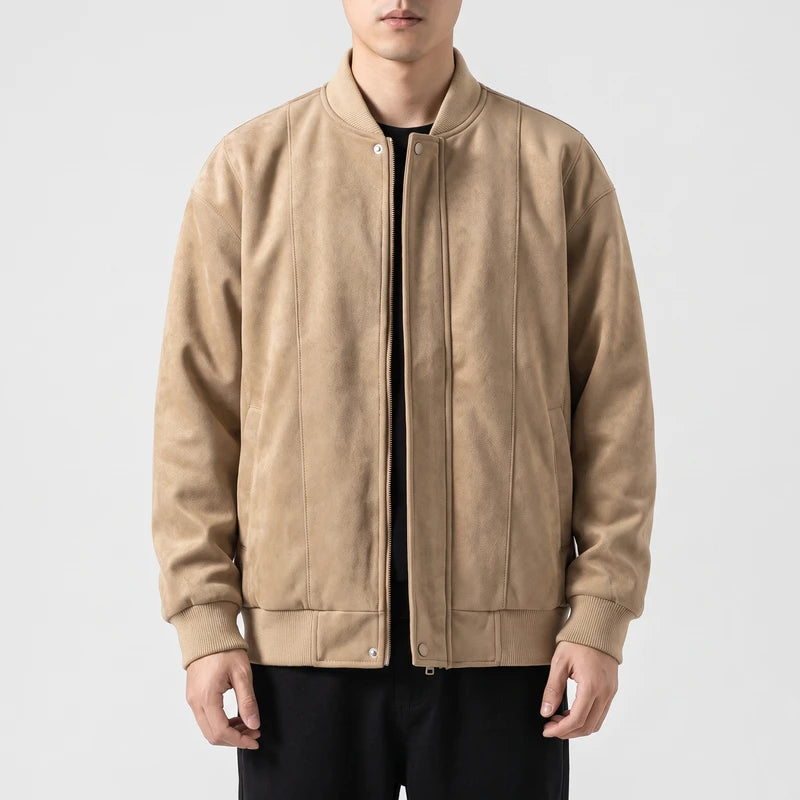 Khaki suede jacket on an off-gray studio background