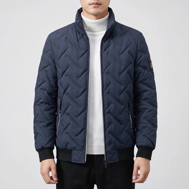 Navy Blue coats on an off-gray studio background