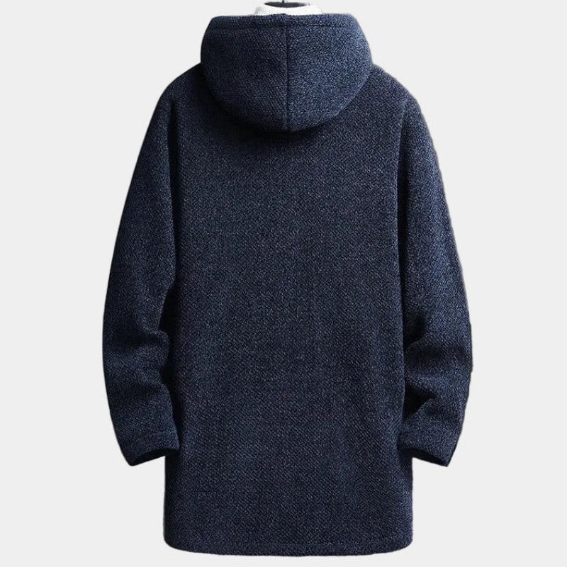 A dark navy blue textured hooded sweater shown from the back, displayed on a mannequin against a light studio background.