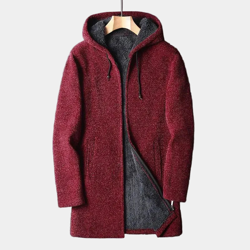 Red hooded fleece coat on a light background