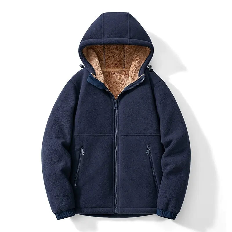 Navy blue fleece jacket with brown sherpa lining on a white background