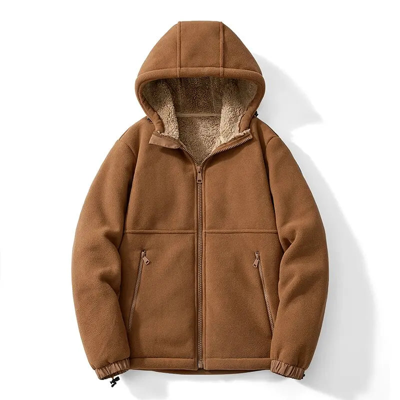 Brown fleece jacket with a hood on a white background