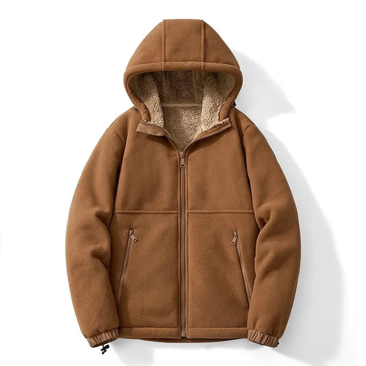 Brown fleece jacket with a hood on a white background