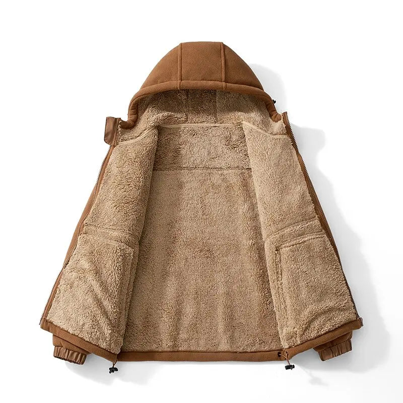 Brown fleece jacket with a hood on a white background