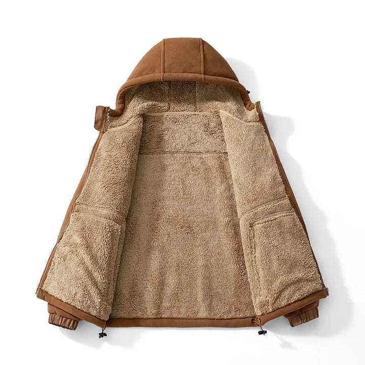 Brown fleece jacket with a hood on a white background