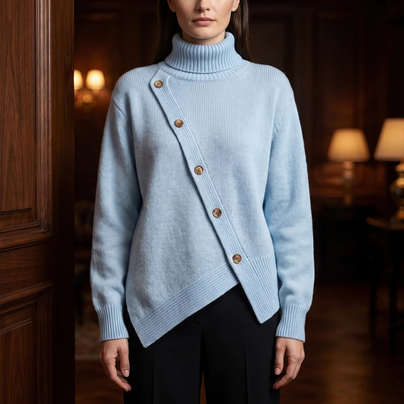Blue knitted sweater in a dark wood interior