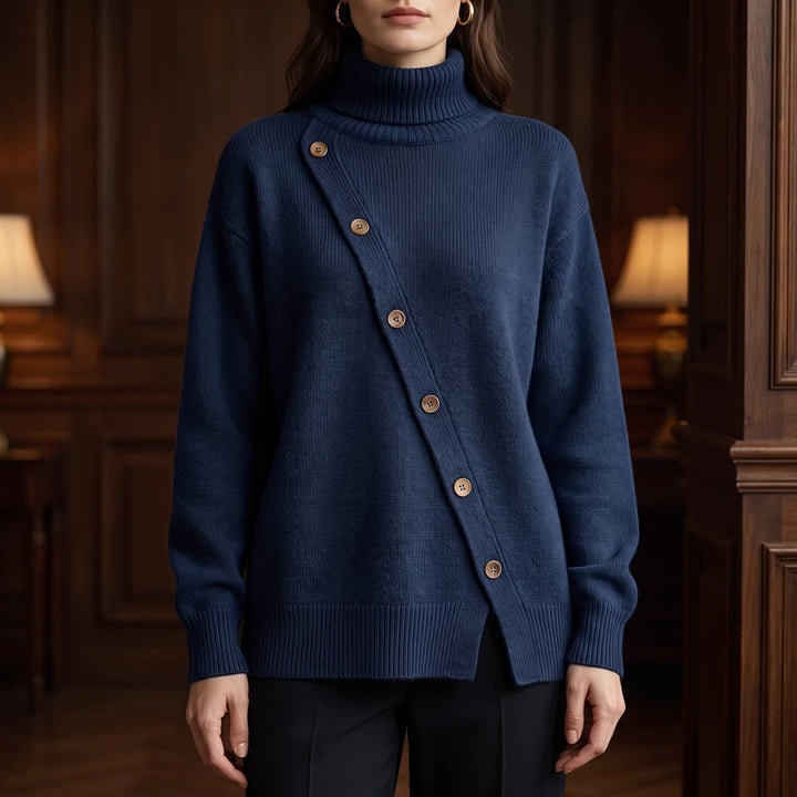 Navy Blue knitted sweater in a dark wood interior