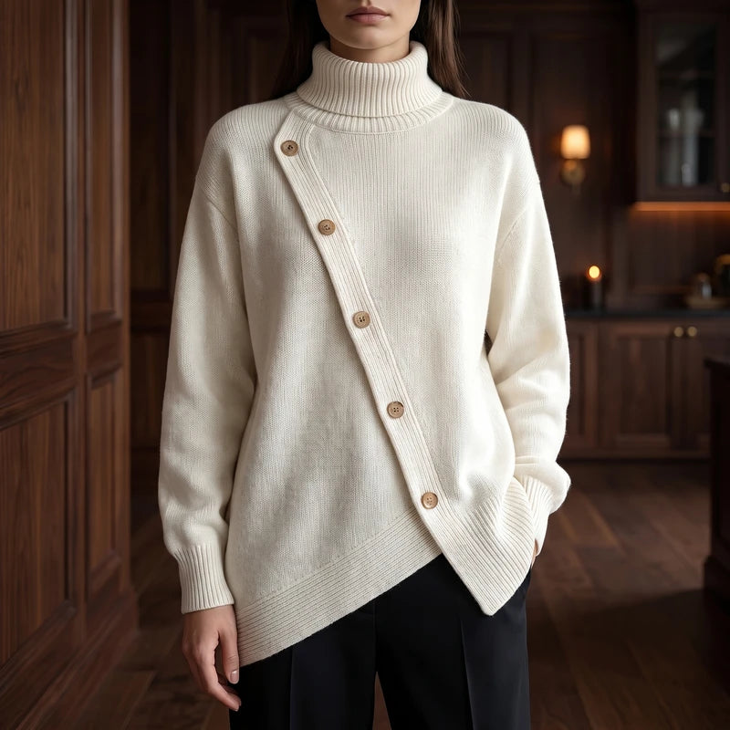 White knitted sweater in a dark wood interior