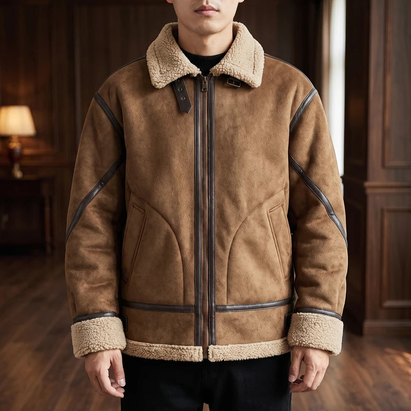 Khaki suede jackets in a dark wood interior
