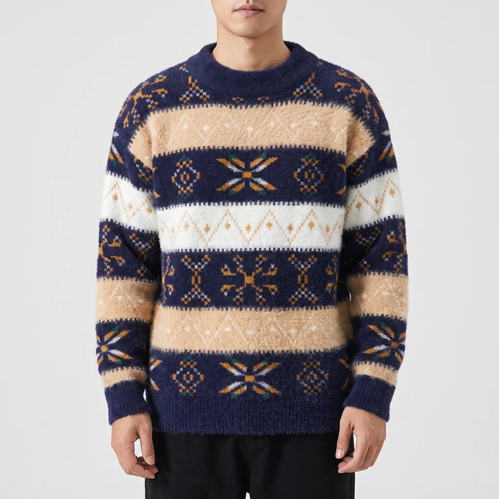 Navy Blue knitted sweater on an off-gray studio background