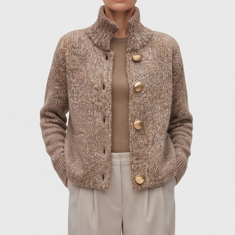 Camel knit cardigan on an off-gray studio background