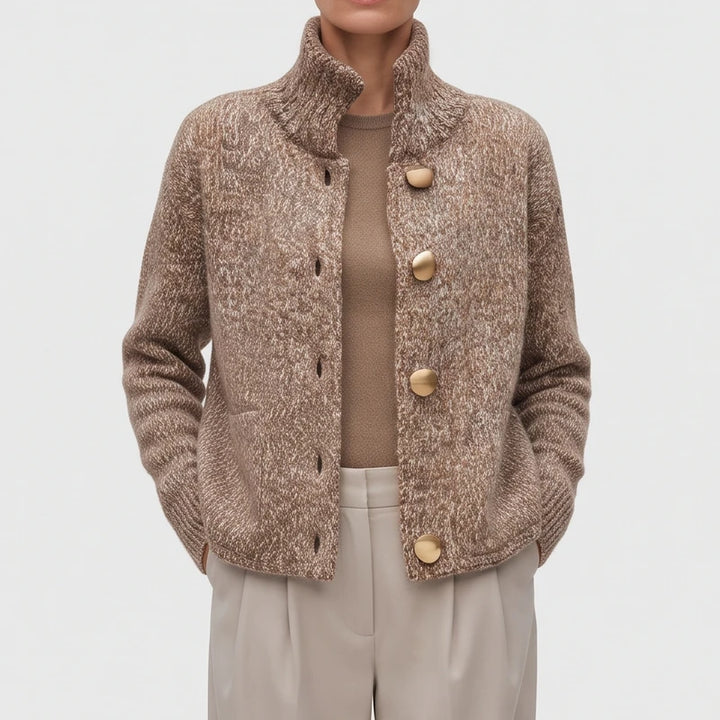 Camel knit cardigan on an off-gray studio background