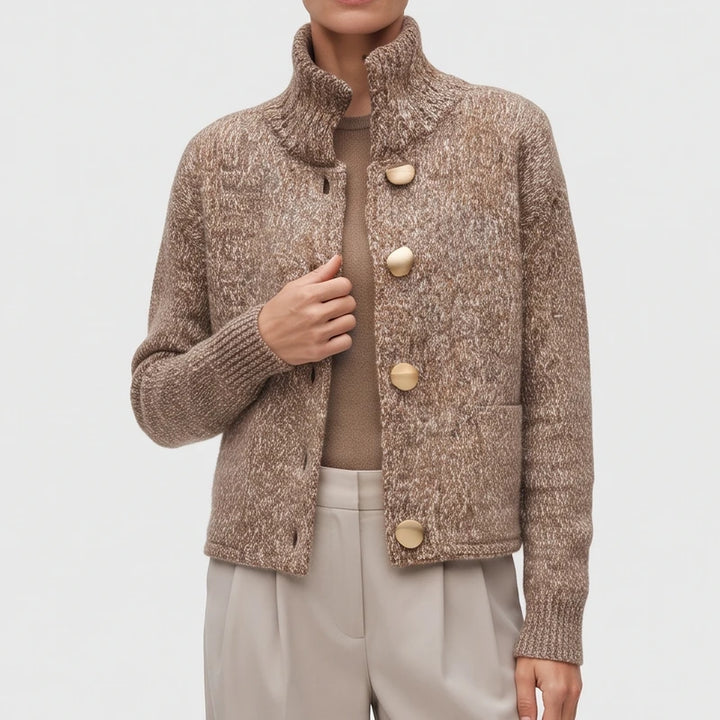 Camel knit cardigan on an off-gray studio background - 2