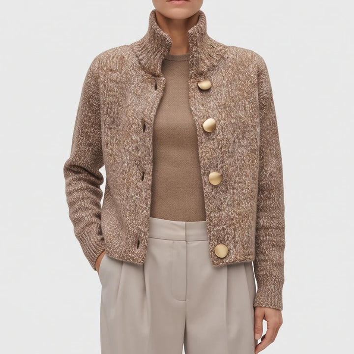 Camel knit cardigan on an off-gray studio background - 3