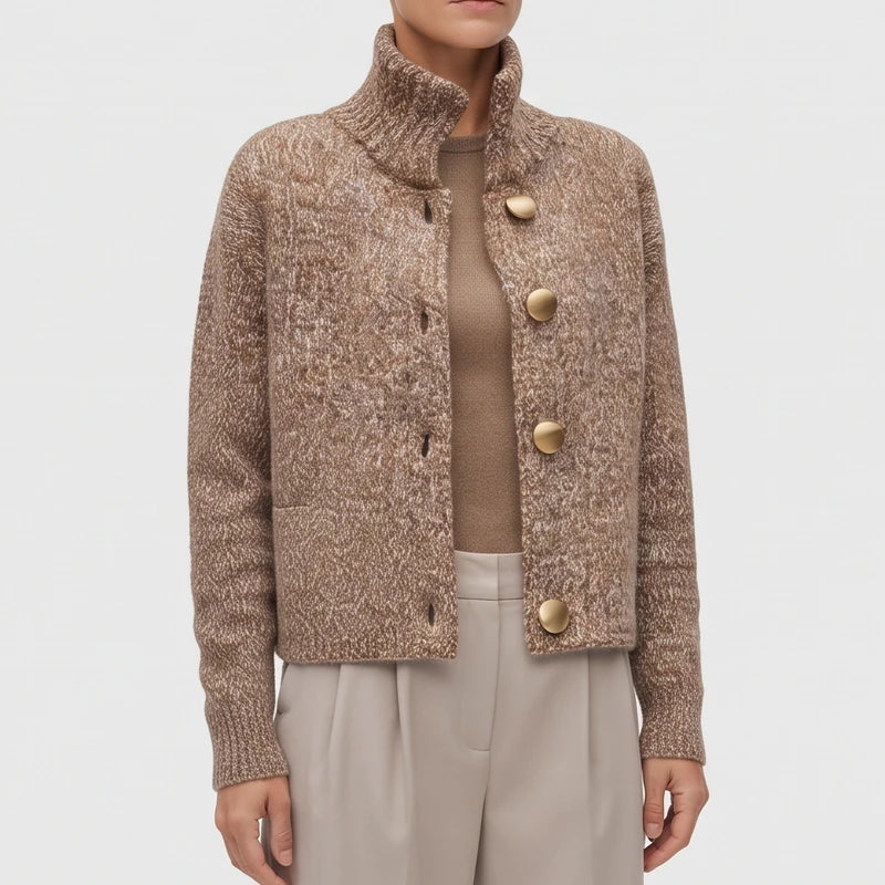 Camel knit cardigan on an off-gray studio background - 4