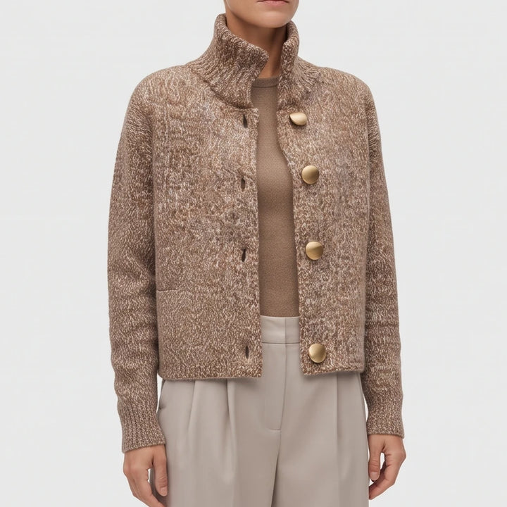 Camel knit cardigan on an off-gray studio background - 4