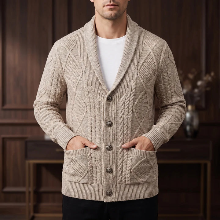 Camel knitted cardigan in a dark wood interior