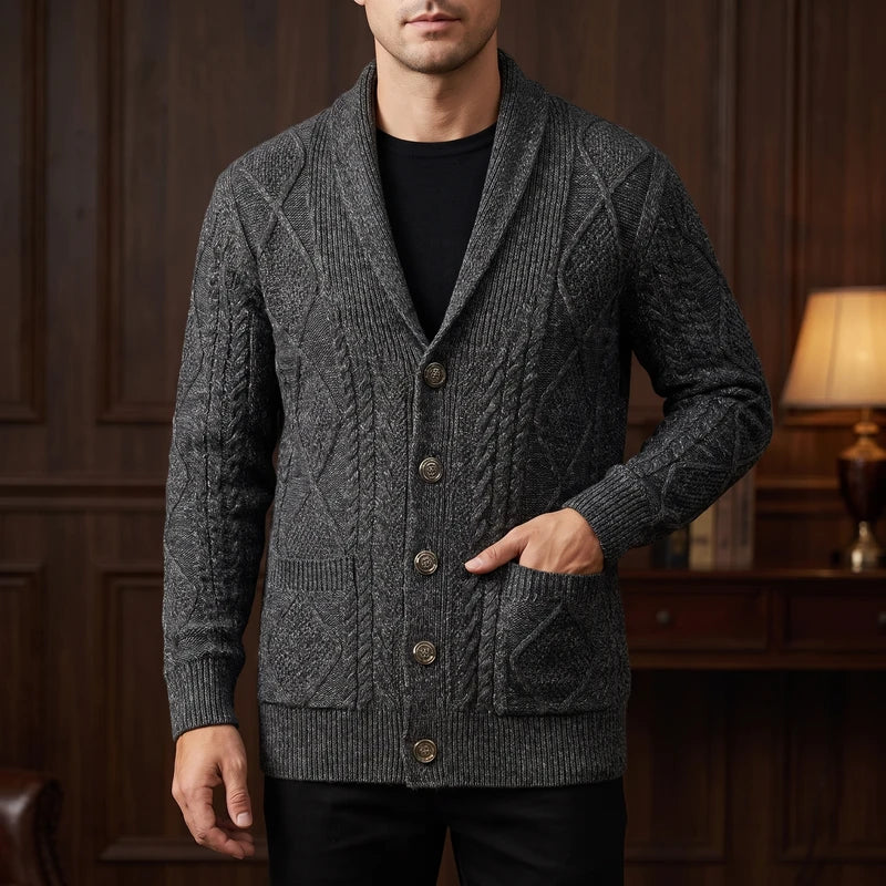 Black Gray knitted cardigan in a dark wood interior