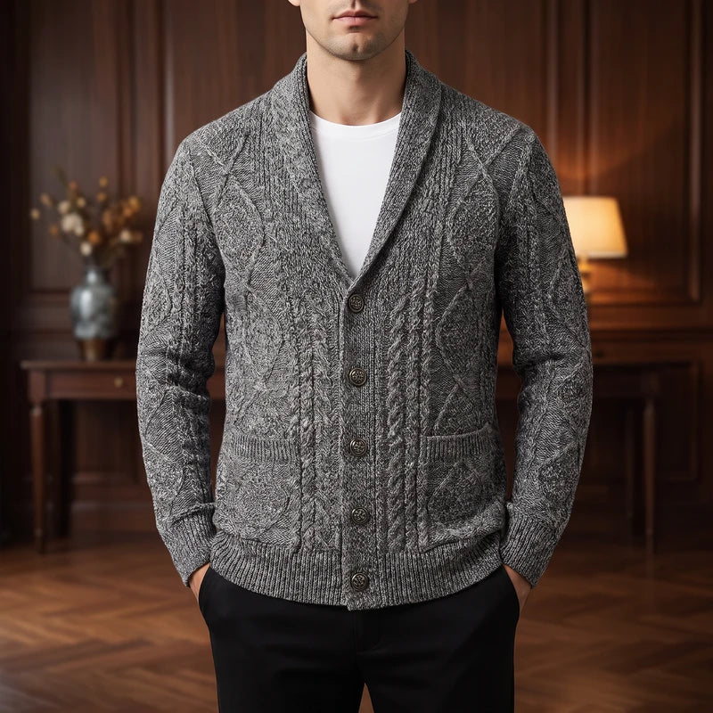 Gray knitted cardigan in a dark wood interior
