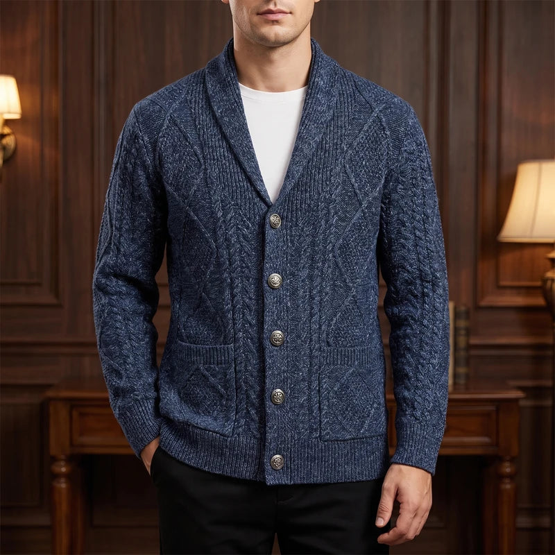 Blue knitted cardigan in a dark wood interior