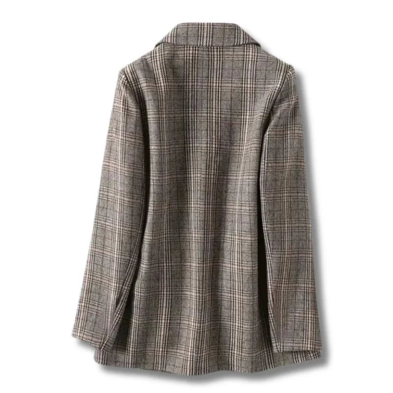 Back view of a gray plaid blazer with white and subtle brown lines, hanging against a white background.
