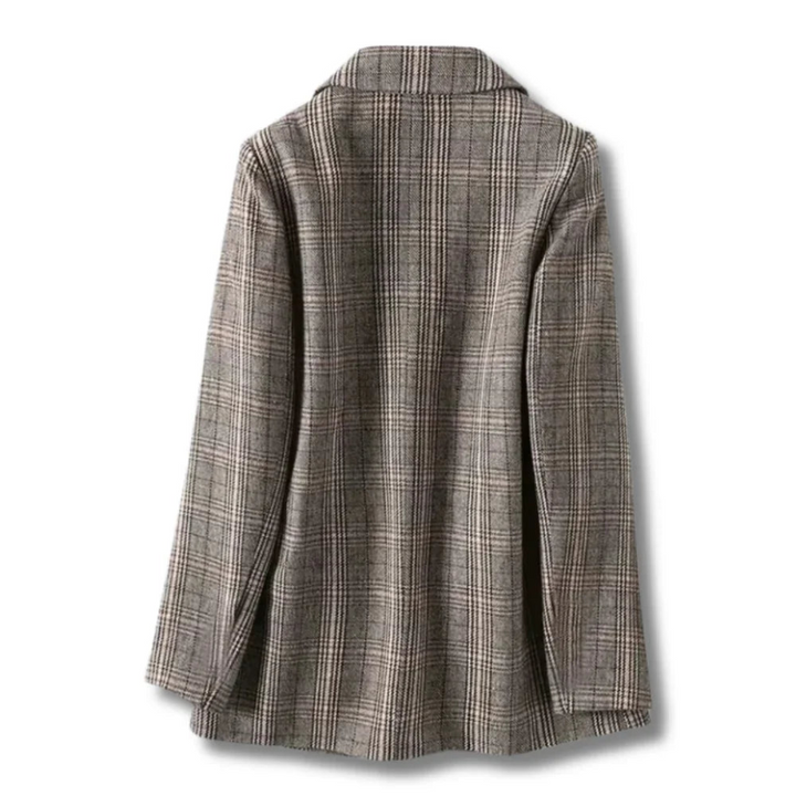 Back view of a gray plaid blazer with white and subtle brown lines, hanging against a white background.