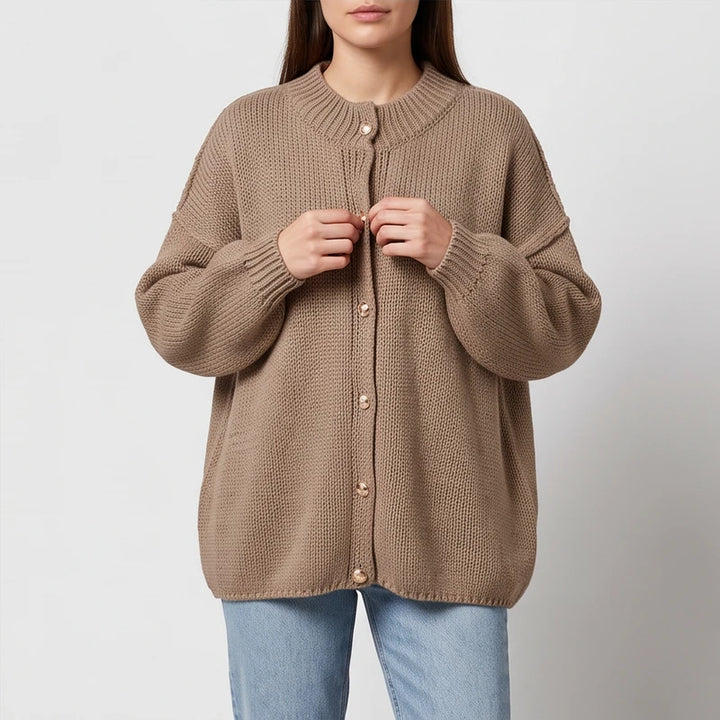 Brynn Oversized Knit Cardigan knit cardigan on an off-gray studio background - 4
