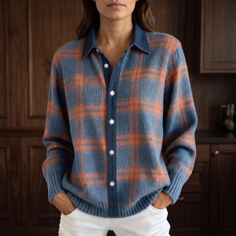 Blue cardigan in a dark wood interior