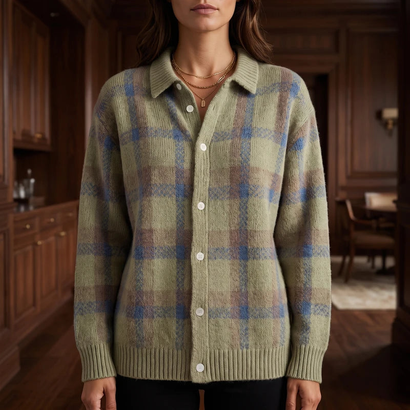 Brown cardigan in a dark wood interior