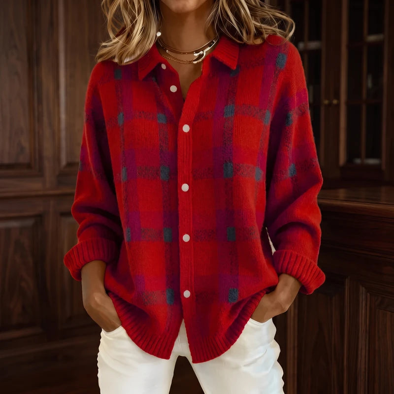 Red cardigan in a dark wood interior
