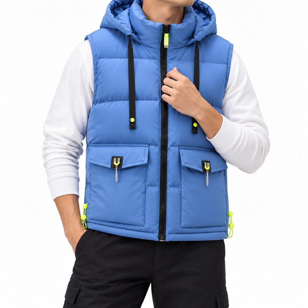 Man wearing a blue hooded puffer vest with black zipper, neon yellow accents, and two front flap pockets.