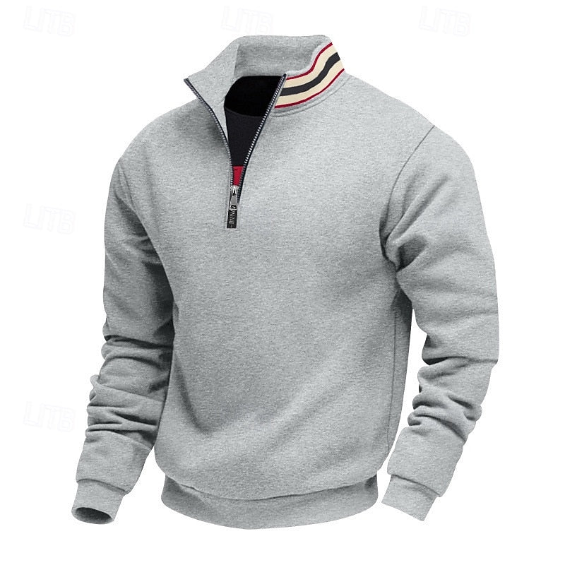 Light grey quarter-zip sweatshirt with a striped collar, black zipper, and ribbed cuffs and hem, presented on a white background.