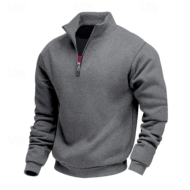 Dark grey heathered sweatshirt featuring a black quarter-zip closure with a red lining, ribbed cuffs, and hem, presented on a white background.
