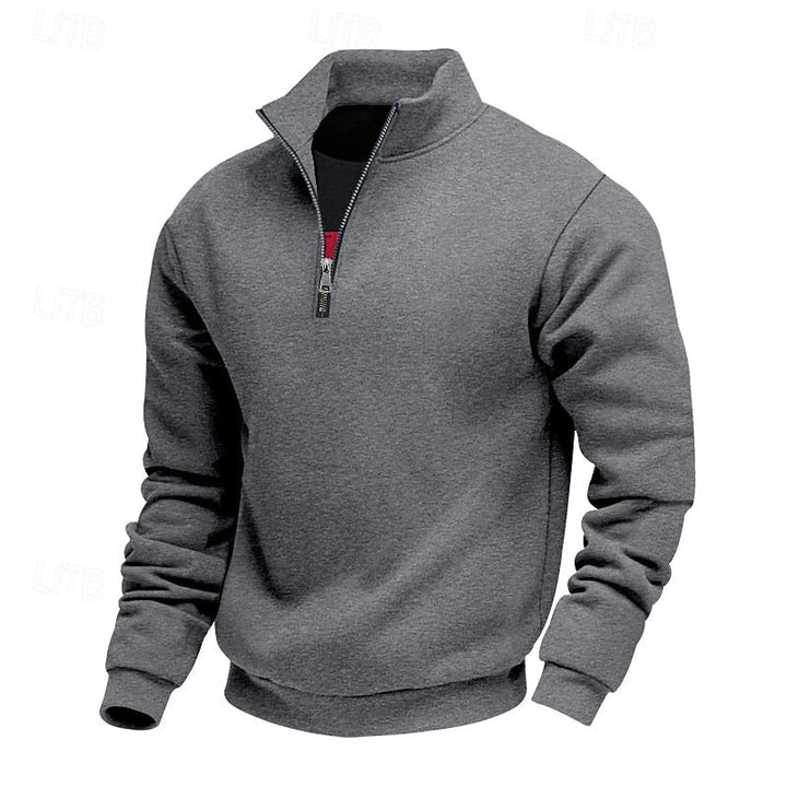 Dark grey heathered sweatshirt featuring a black quarter-zip closure with a red lining, ribbed cuffs, and hem, presented on a white background.
