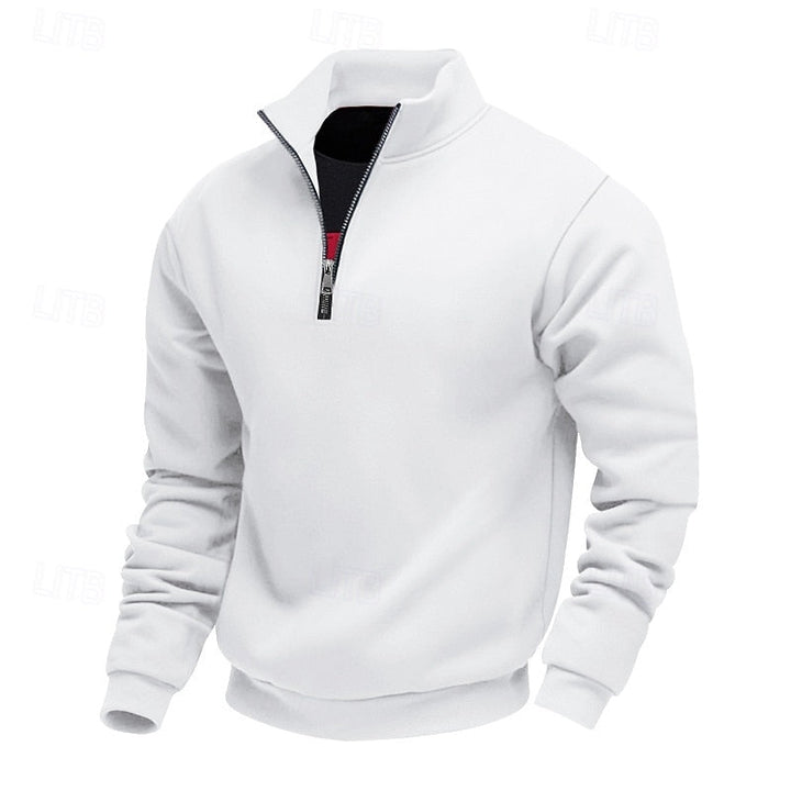 White quarter-zip sweatshirt featuring a tall collar with a partly unzipped silver zipper revealing a black and red lining.