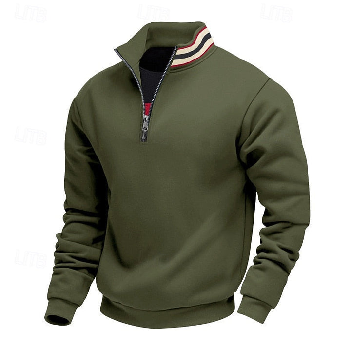 Olive green quarter-zip sweatshirt with a standing collar featuring red, white, and navy blue stripes, shown on a white background.