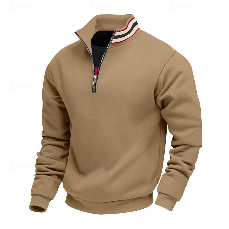Tan quarter-zip sweatshirt with a striped stand collar in red, white, and black, on a white background.