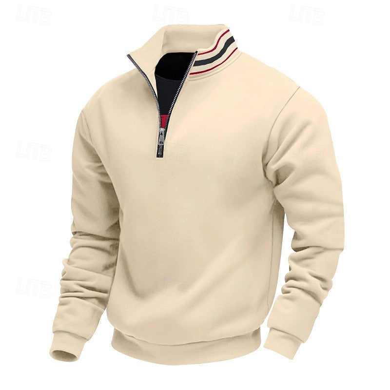 Cream quarter-zip sweatshirt with a stand-up collar featuring red, black, and white stripes, and a visible black zipper.