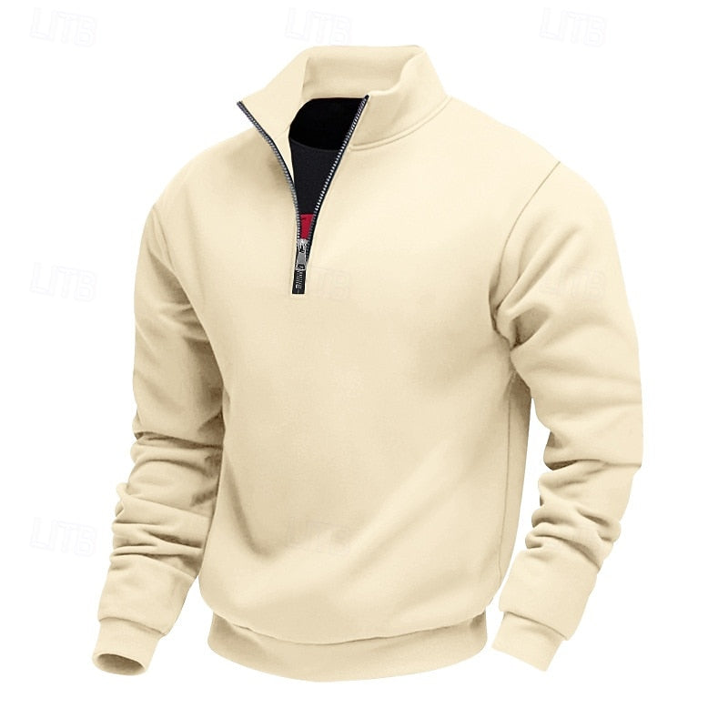 Cream beige quarter-zip sweatshirt with a black zipper and a black inner collar, featuring a subtle red accent.
