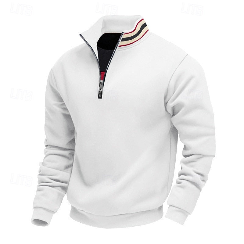 White quarter-zip sweatshirt with a stand-up collar featuring red, black, and beige stripes, on a white background.