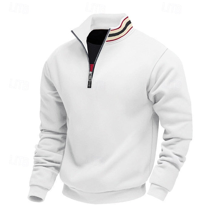 White quarter-zip sweatshirt with a stand-up collar featuring red, black, and beige stripes, on a white background.