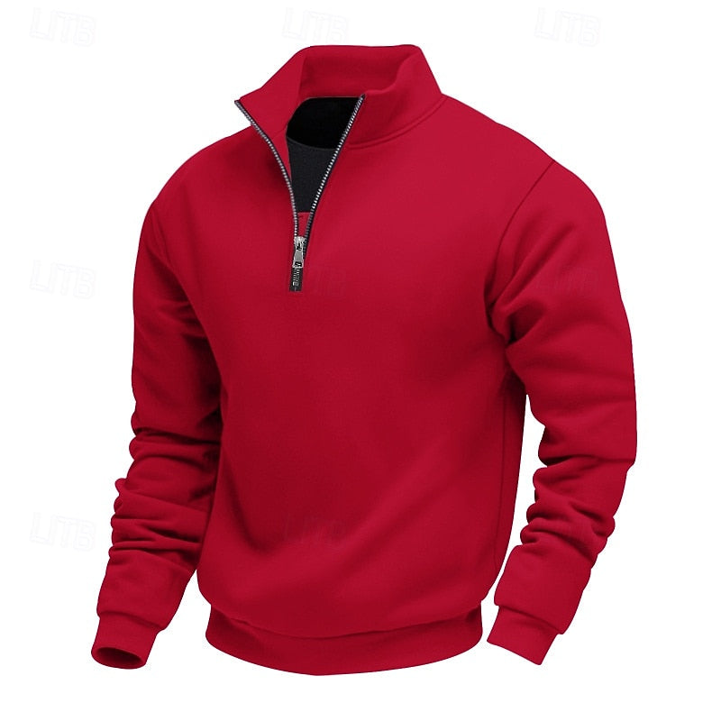 Bright red quarter-zip pullover sweatshirt with a black stand collar and metal zipper, displayed on a plain white background.