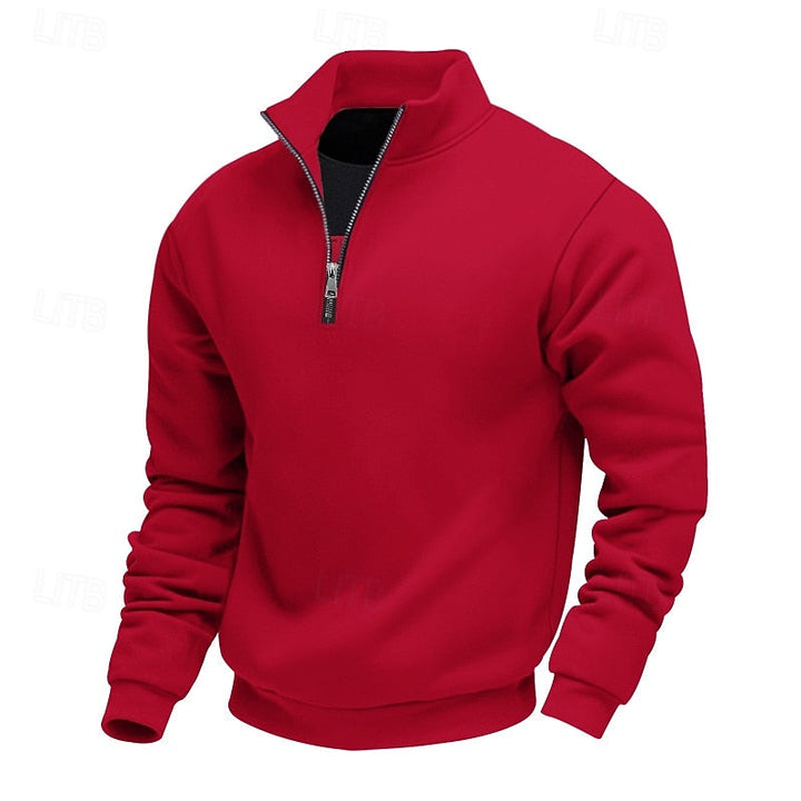 Bright red quarter-zip pullover sweatshirt with a black stand collar and metal zipper, displayed on a plain white background.