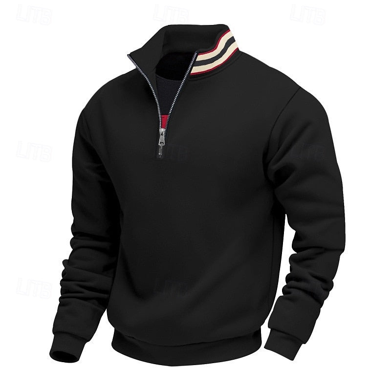 Black quarter-zip sweatshirt with a high collar featuring red, white, and black stripes, displayed on a white background.